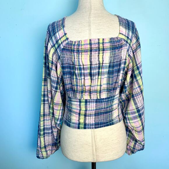 Free People Marlena Plaid Crop Smocked Oversized Sleeve Top Size XS - Picture 5 of 8